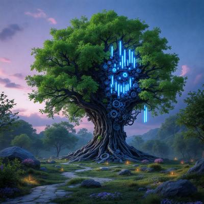 The primary subject of the image is a large, gnarled tree with a clock embedded in its trunk. The tree is surrounded by a forest, and the sky can be seen in the background. The visual style of the image is digital art, and the colors and mood are dark and mysterious.